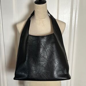 Italian Black Vegan Leather Tote Hobo Bucket Bag